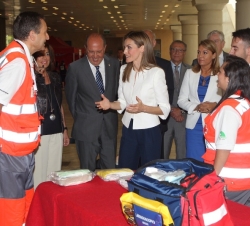 Su Majestad conversa con técnicos en asistencia de primeros auxilios de la Cruz Roja